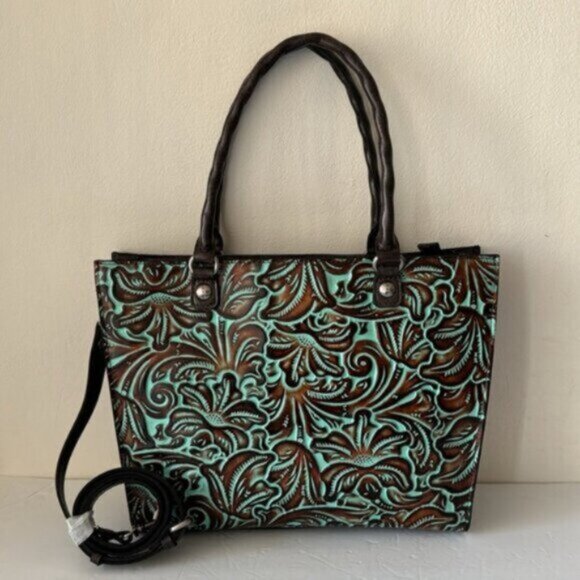 Patricia Nash Zancona Leather Front Tooled Turquoise Shoulder Handbag Xbody - Picture 2 of 12